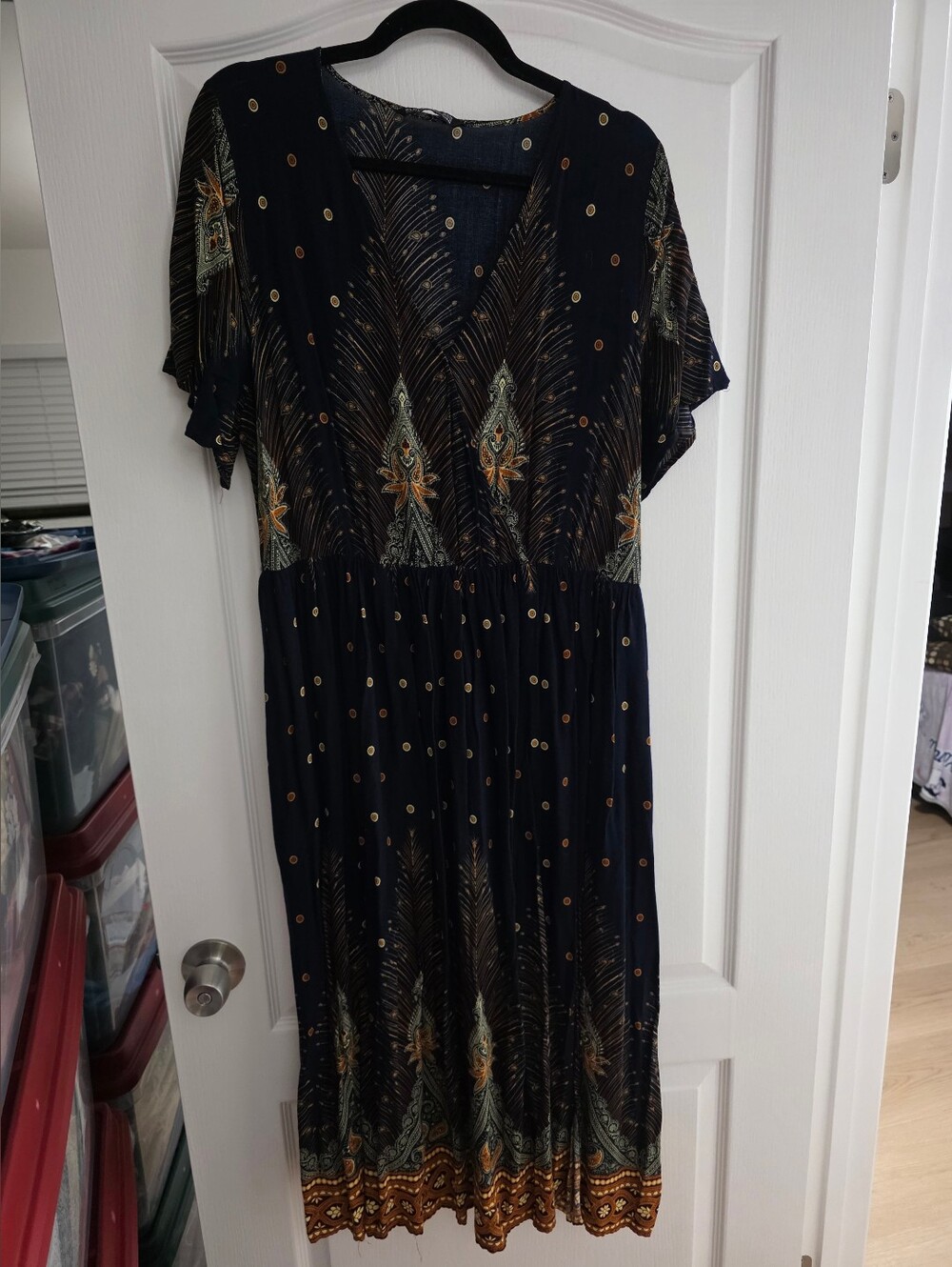 BloomChic Navy Maxi Dress with Gold and Green Motifs